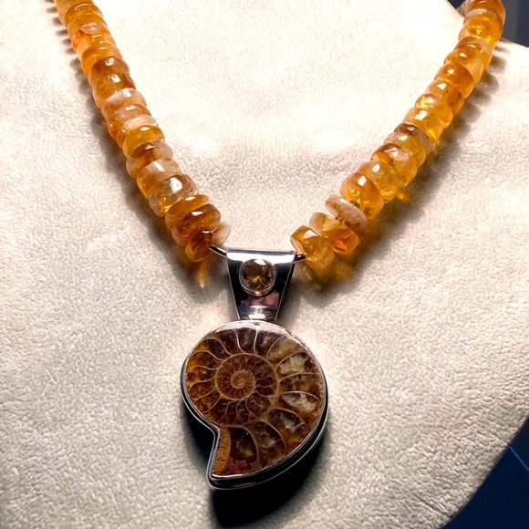 CITRINE NECKLACE w/ FOSSIL NAUTILUS PENDANT - Picture 1 of 1